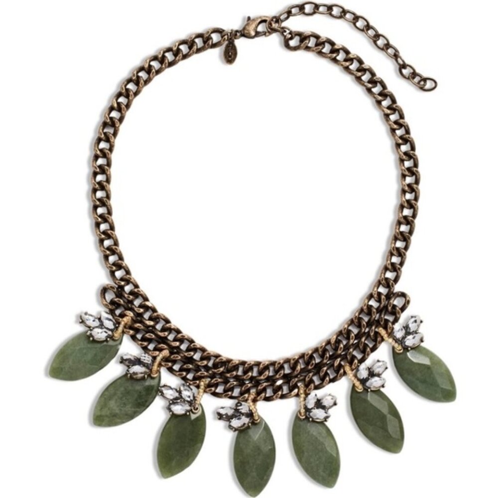 Chico’s VTG Lyden Bib Brass Necklace w Green Stones 16" LONG